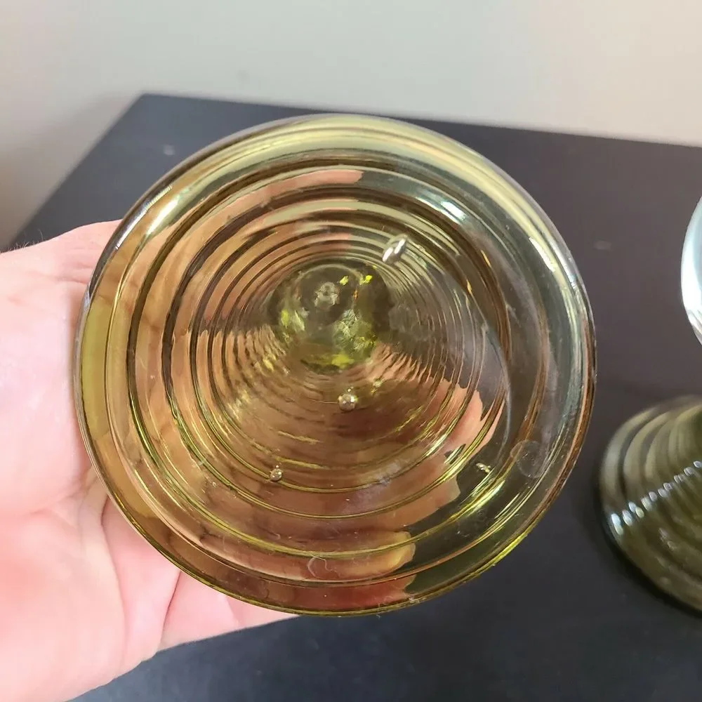 Bohemian Style Glass Goblets Handblown Beehive Base Green Gold Trim
